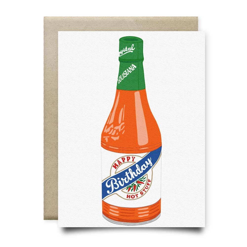 Spice up your birthday wishes with this Hot Stuff Crystal greeting card! Made in Houston, Texas, this card features a bottle of Crystal hot sauce with a quirky message and unique illustrated artwork. Blank inside, perfect for adding your own unique touch. Get saucy and celebrate!