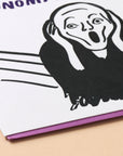 Surrealistic black and white drawing of a figure with a shocked expression on a white background.