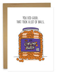 Card with a jar of Cheese Balls and humorous text on a white background