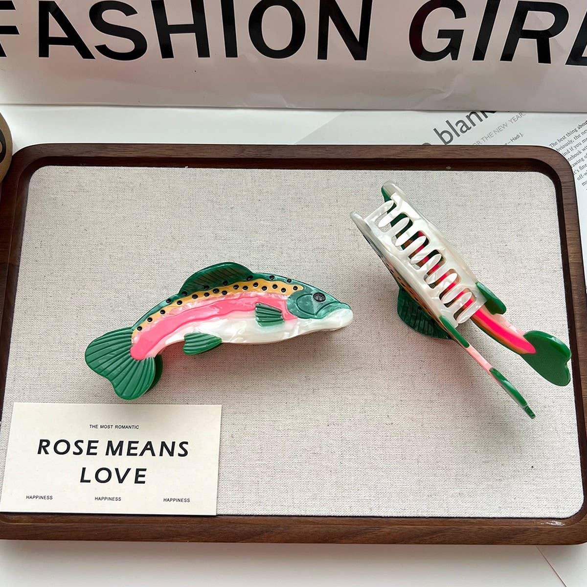 Make a playful, outdoorsy statement with this rainbow trout-shaped hair claw clip. Crafted from smooth acetate, it’s lightweight yet secure, adding a whimsical, nature-inspired touch to your look. Perfect for anglers, animal lovers, or anyone who enjoys a quirky, eye-catching accessory.