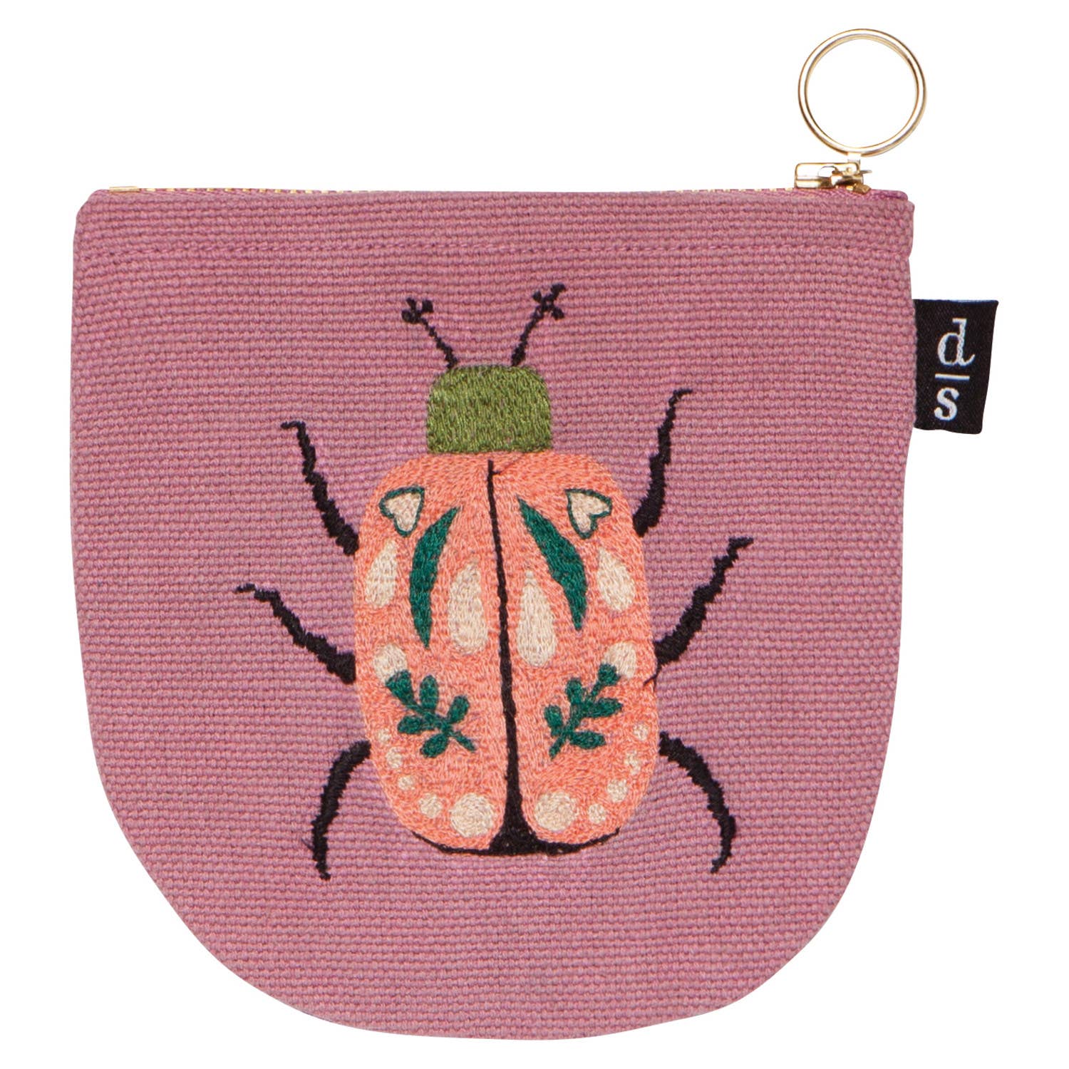 Secure your small valuables in the Amulet Halfmoon Pouch. Featuring a scarab beetle design on deep musky pink, perfect for keys, cards, and loose coins.