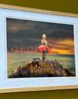 Liquid Courage art print in a light wood frame with a white mat on an olive green wall