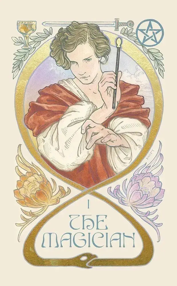 Ethereal Visions Tarot by Matt Hughes. 80 gold foil art nouveau tarot cards, 2 bonus Major Arcana &amp; 140-page guidebook. Collector's tarot deck.