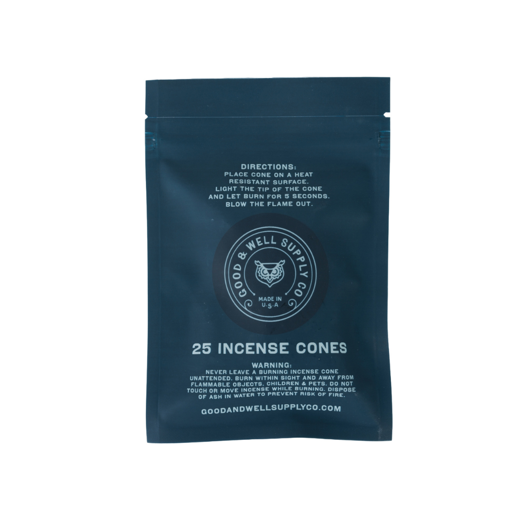 Navy blue package of Good &amp; Well Supply Co. incense cones on a white background