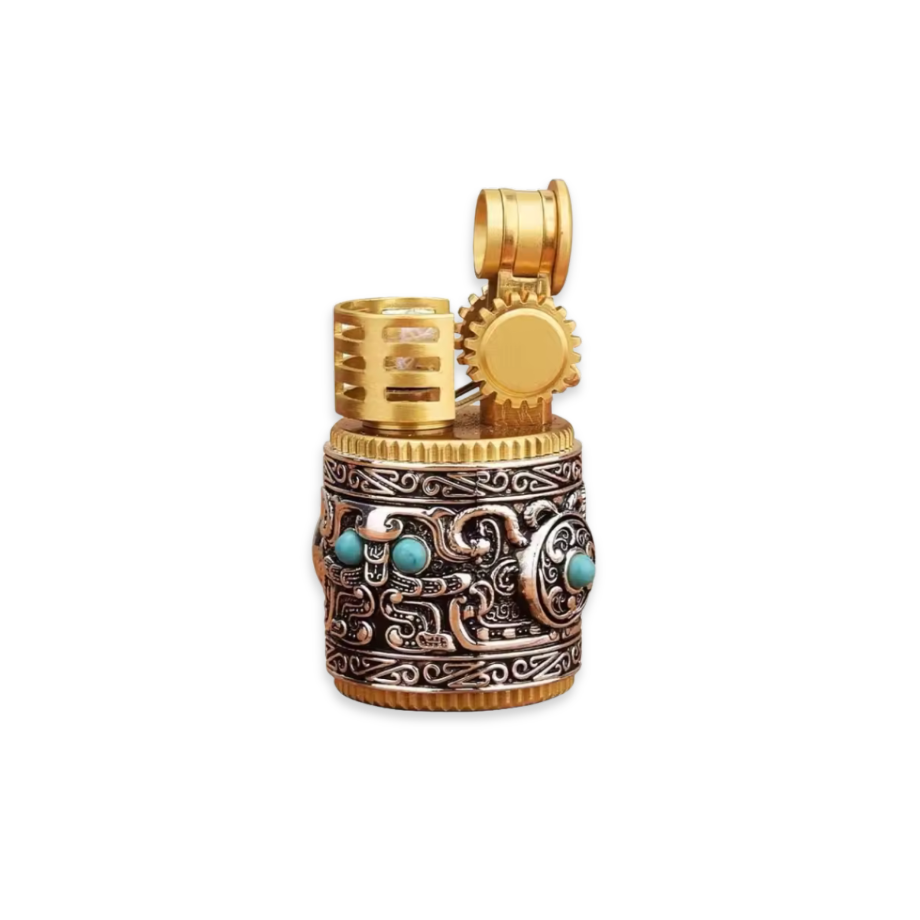 Decorative lighter with gold and bronze design on a white background