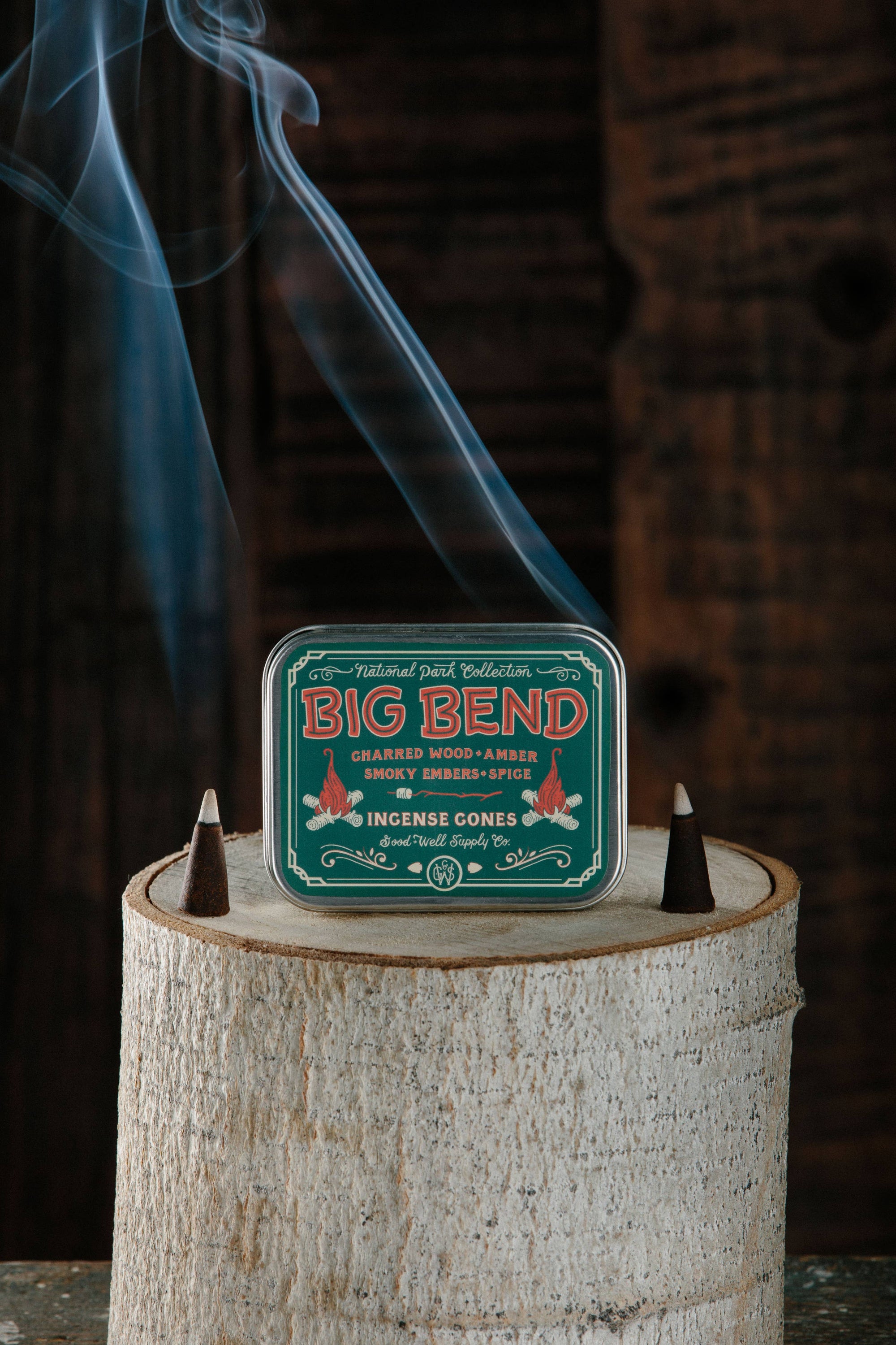 Indulge in the rich aromas of Big Bend National Park with Good &amp;amp; Well Supply Co's hand-dipped incense cones. Encased in a robust aluminum tin, these cones are thoughtfully designed, with the lid serving as a convenient burning surface. With notes of charred wood, amber, smoky embers, and spice, you'll be transported to an evening camping in Big Bend.&amp;nbsp;