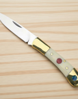 Bone-handled pocket knife, open, with brass bolsters, a red inlay and an abalone disc on light wood