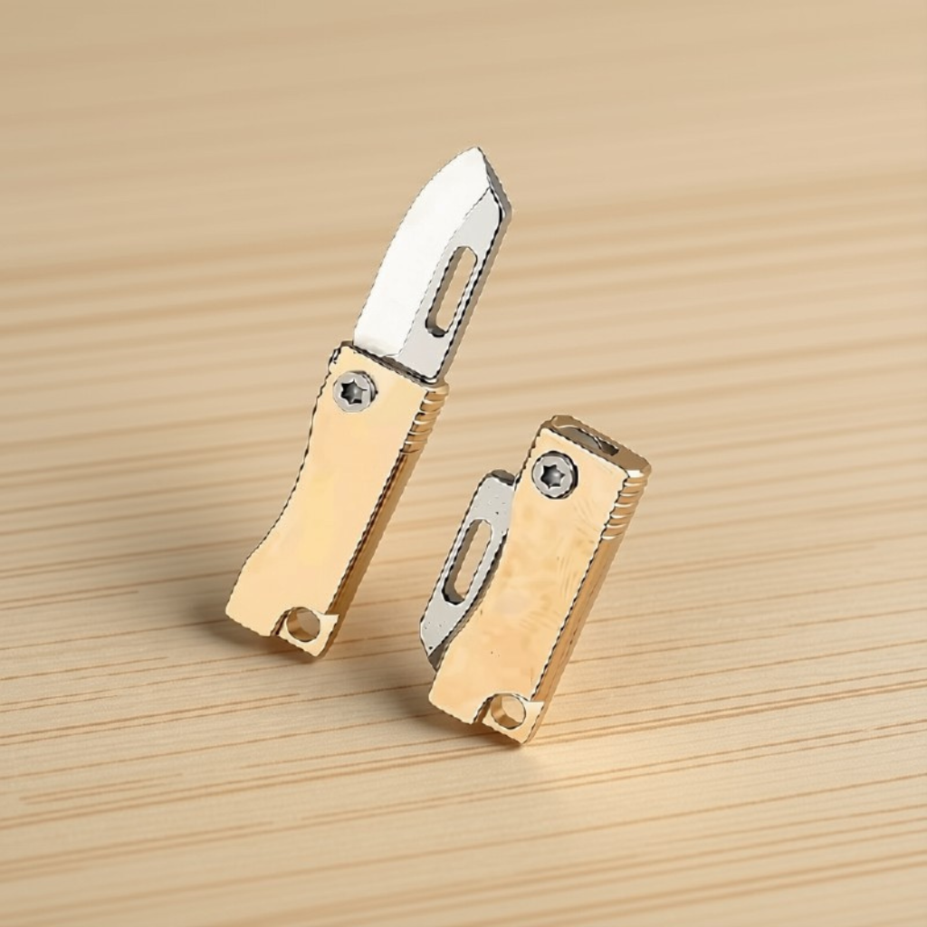 Mini Brass Utility Knife, a tiny folding knife with a brass handle and stainless steel blade