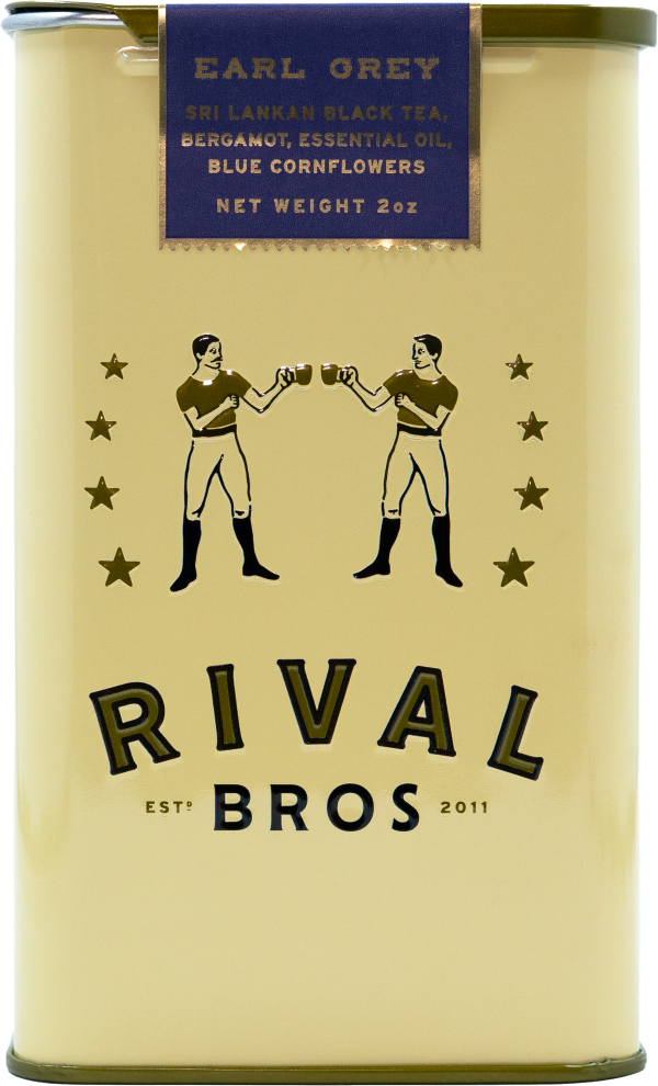Rival Bros tea canister with two men clinking glasses on a beige background
