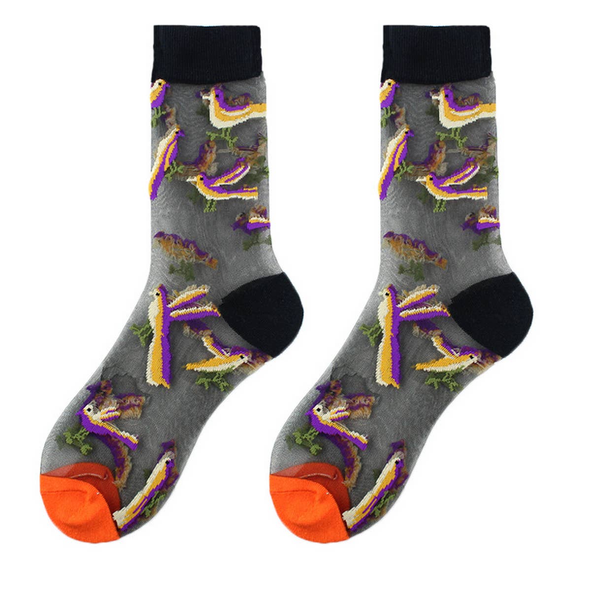 Step up your sock game with these fun, transparent sheer socks. Each pair features playful designs that add a subtle pop of personality to any outfit. Lightweight and breezy, they’re perfect for layering with sneakers, heels, or flats for a whimsical, stylish touch.