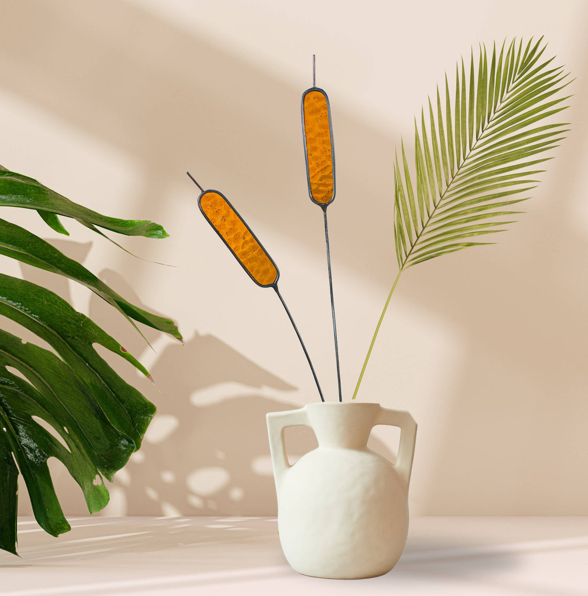 Handcrafted stained glass cattail stem for lasting, colorful home decor. Mix and match with other stems for a custom, everlasting floral arrangement.