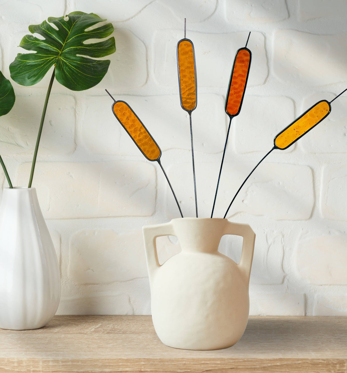 Handcrafted stained glass cattail stem for lasting, colorful home decor. Mix and match with other stems for a custom, everlasting floral arrangement.