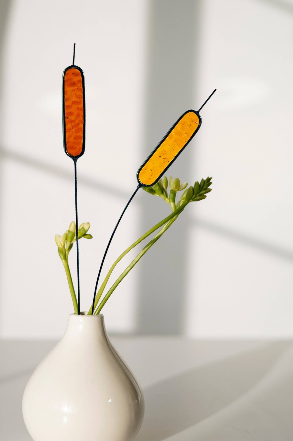 Handcrafted stained glass cattail stem for lasting, colorful home decor. Mix and match with other stems for a custom, everlasting floral arrangement.