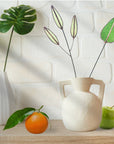 Green mulberry leaf and pale seed pod stems in a white jug on a shelf with an orange and an apple