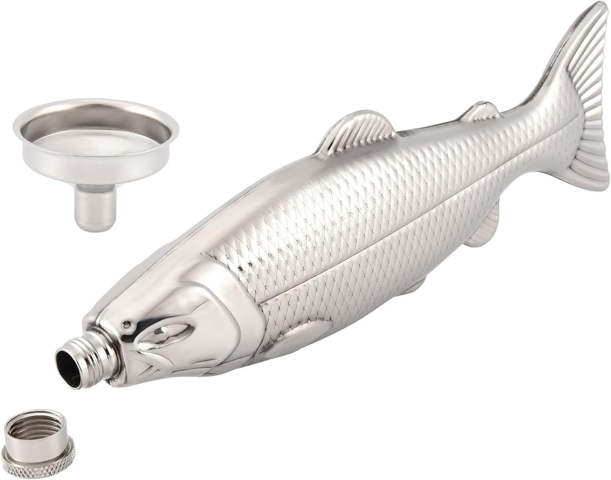 Sleek silver fish flask—stainless steel, pocket-friendly, and perfect for on-the-go pours. Polished, portable, and ready to make a splash.