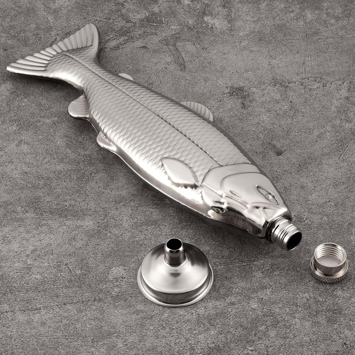 Sleek silver fish flask—stainless steel, pocket-friendly, and perfect for on-the-go pours. Polished, portable, and ready to make a splash.