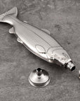 Sleek silver fish flask—stainless steel, pocket-friendly, and perfect for on-the-go pours. Polished, portable, and ready to make a splash.