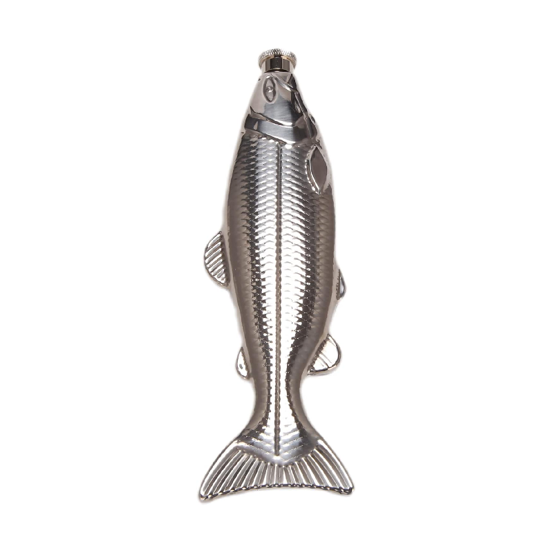 Sleek silver fish flask—stainless steel, pocket-friendly, and perfect for on-the-go pours. Polished, portable, and ready to make a splash.