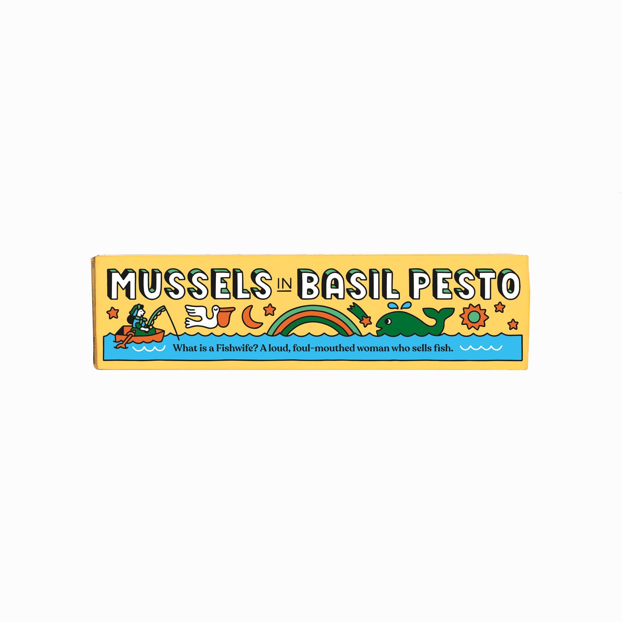 Colorful label for 'Mussels in Basil Pesto' with cartoon illustrations on a white background
