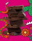 Stack of dark chocolate pieces against an illustrated pink background with a snake, cactus and flowers