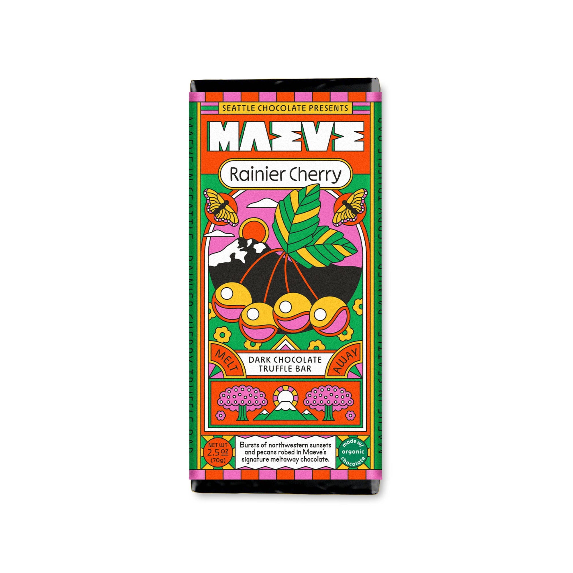 Colorful packaging of a Rainier Cherry dark chocolate truffle bar by MAEVE on a white background