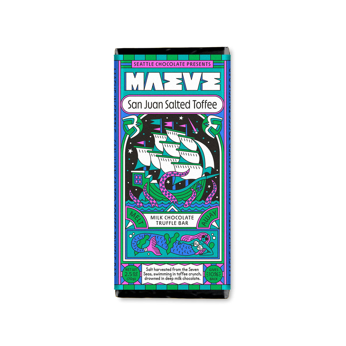 Maeve San Juan Salted Toffee chocolate bar packaging on a white background