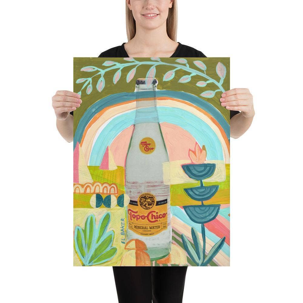 Elevate your space with this quirky, colorful art print by Austin artist, El Baker. The whimsical design features a Texas icon, Topo Chico, surrounded by vibrant natural elements. It's the perfect addition to any room and will make you feel like you're drinking a Topo Chico under a rainbow! This high-quality fine art giclée print captures intricate textures and details. Created on thick, durable matte paper, each museum-quality art print is a testament to superior craftsmanship. 