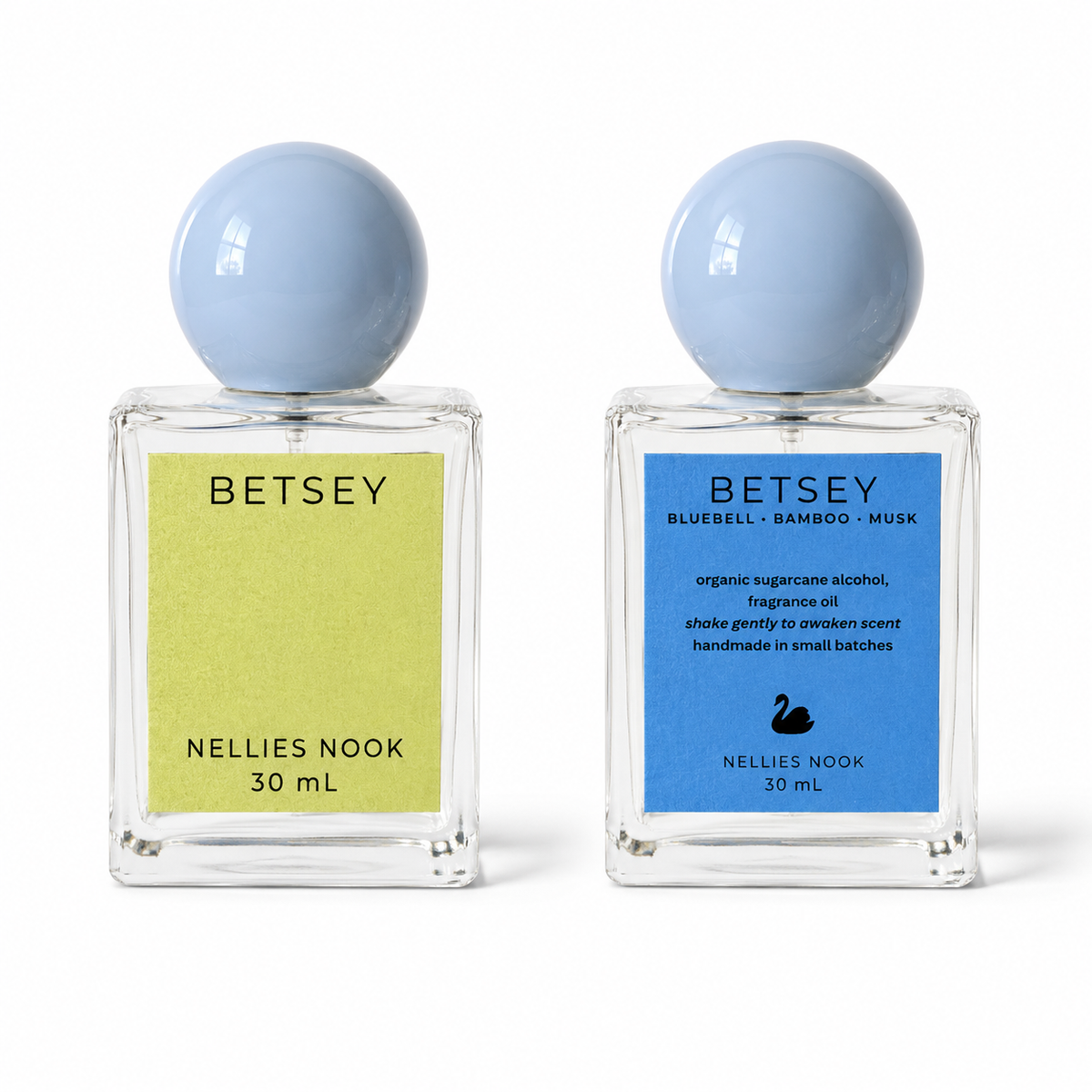 Front and back of the Betsey perfume bottle, chartreuse front label and blue back label listing bluebell, bamboo and musk