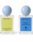 Front and back of the Betsey perfume bottle, chartreuse front label and blue back label listing bluebell, bamboo and musk