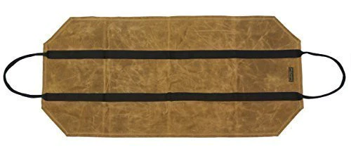 Tan waxed canvas firewood carrier laid flat on a white background