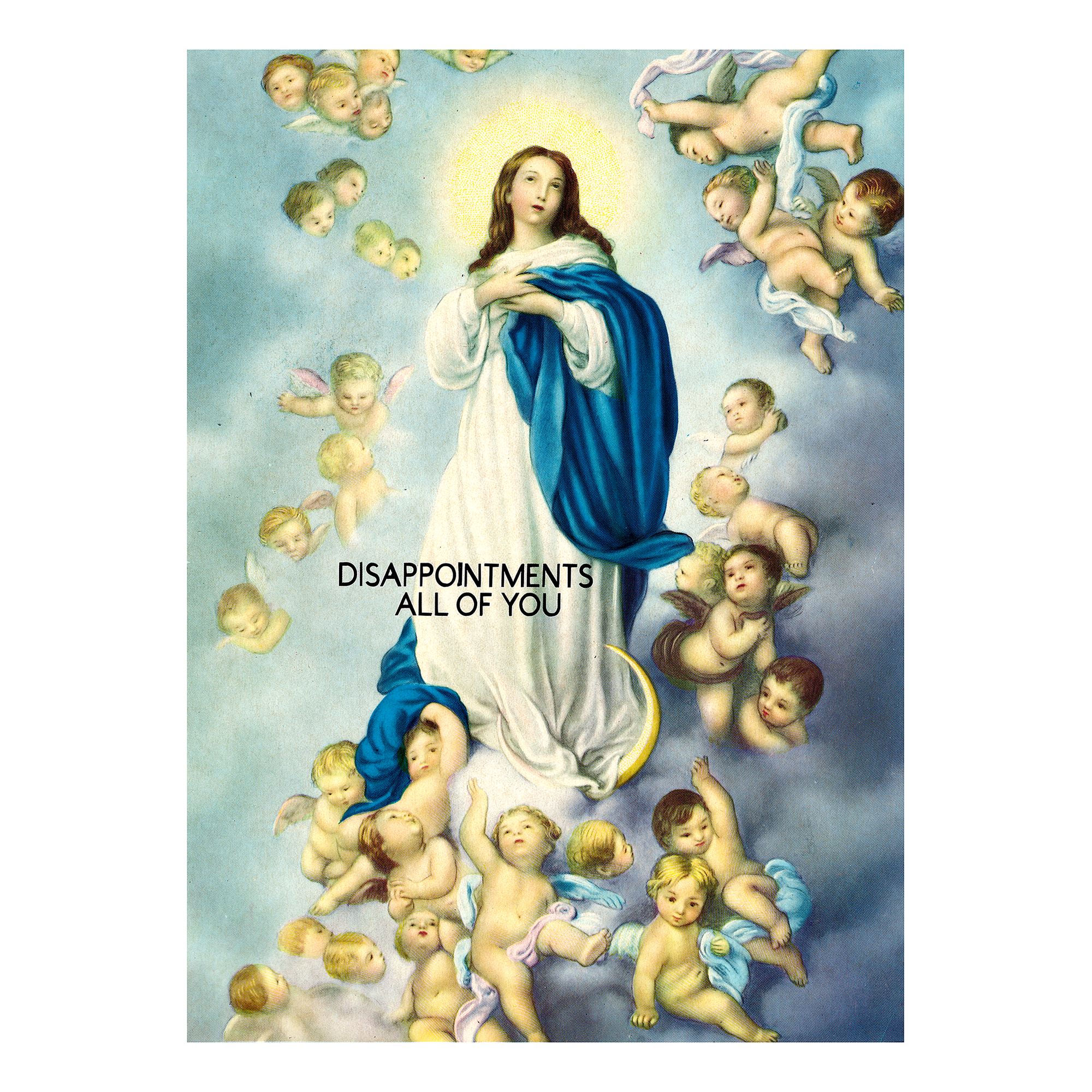 Painting of a woman surrounded by cherubs with text overlay