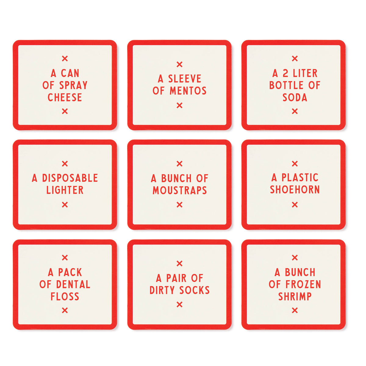 Grid of red-bordered object cards from the game