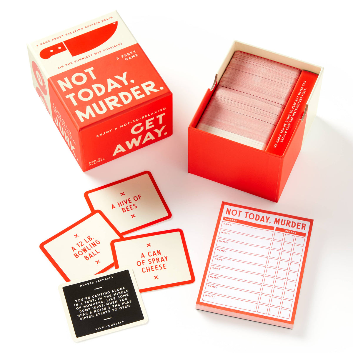 Not Today, Murder box with scenario and object cards and a scorepad