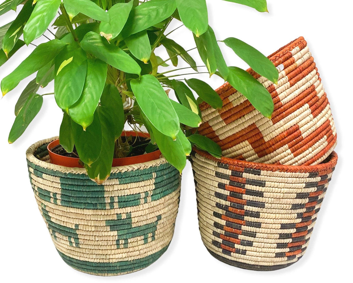 Woven basket with a green deer pattern holding a leafy plant, beside two rust and cream patterned baskets