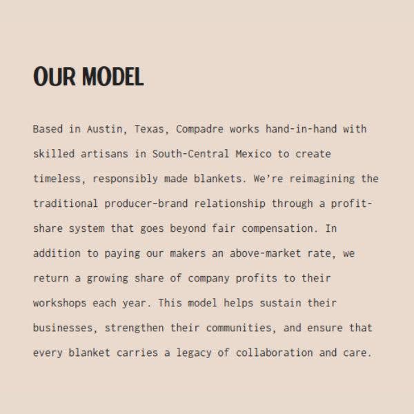 Compadre text graphic titled Our Model about working with artisans in South-Central Mexico