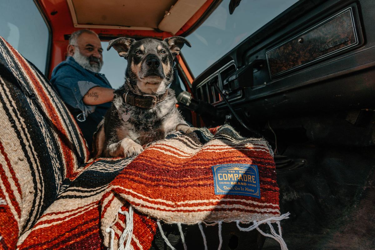 Man and dog sitting in a vintage truck on a red striped sarape