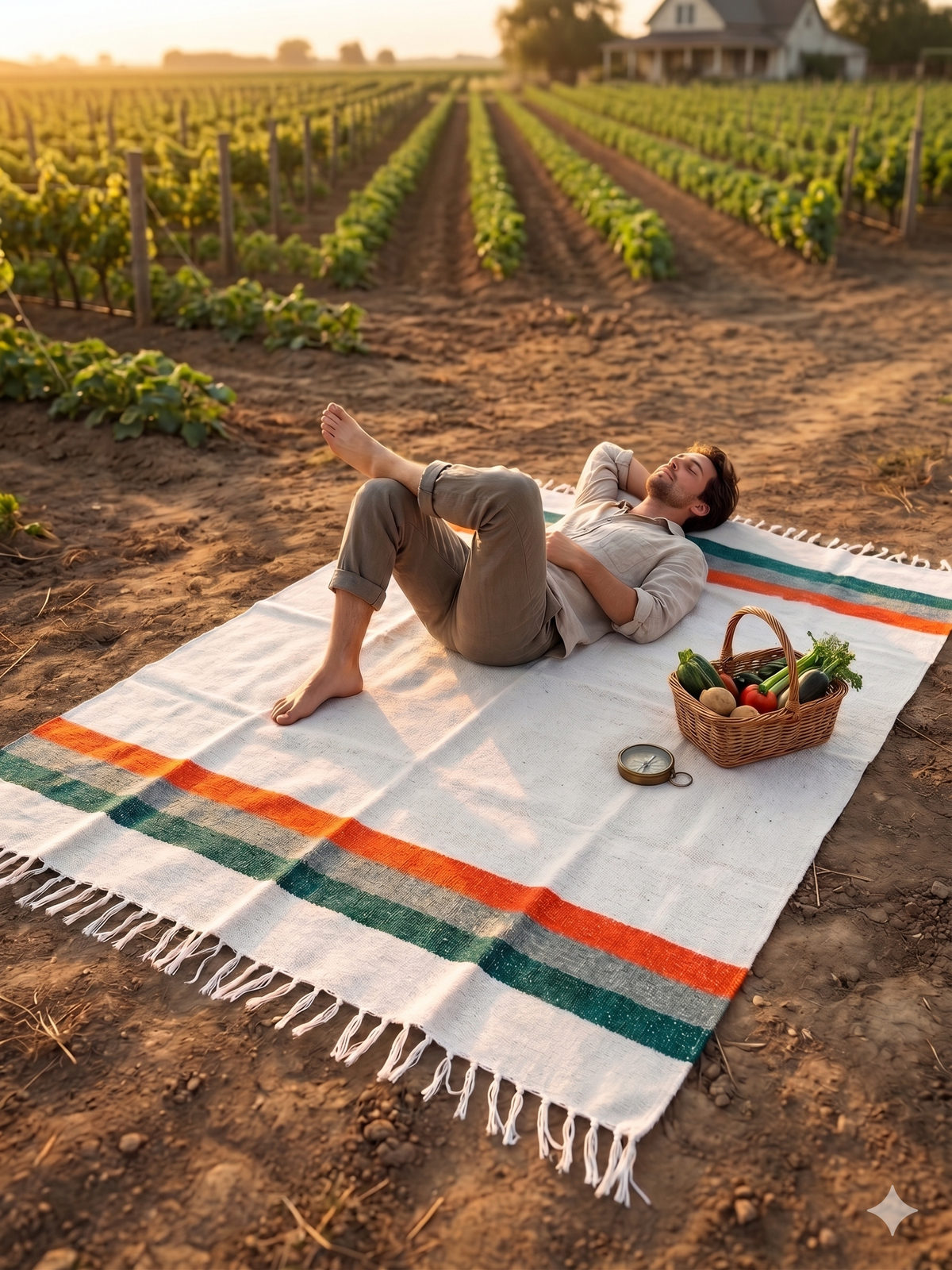 Person lying on a cream striped blanket with a picnic basket in a farm field