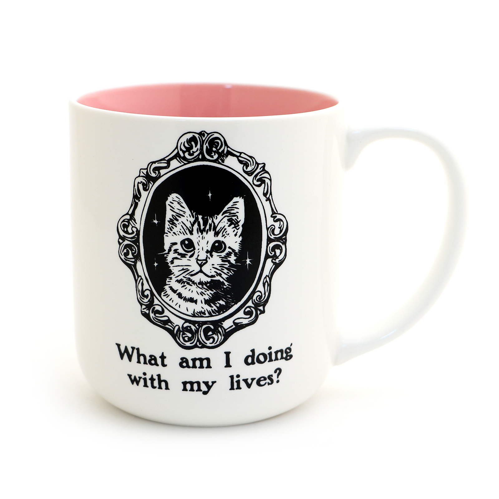 Mug with a cat illustration and text 'What am I doing with my lives?' on a white background