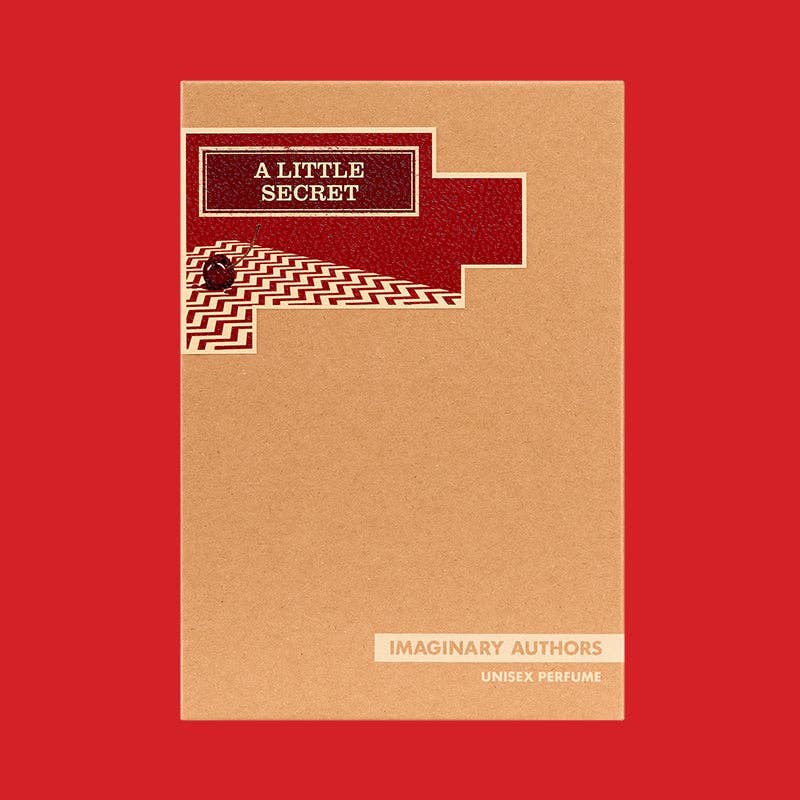 Kraft paper Imaginary Authors box with a red A Little Secret label, on a red background