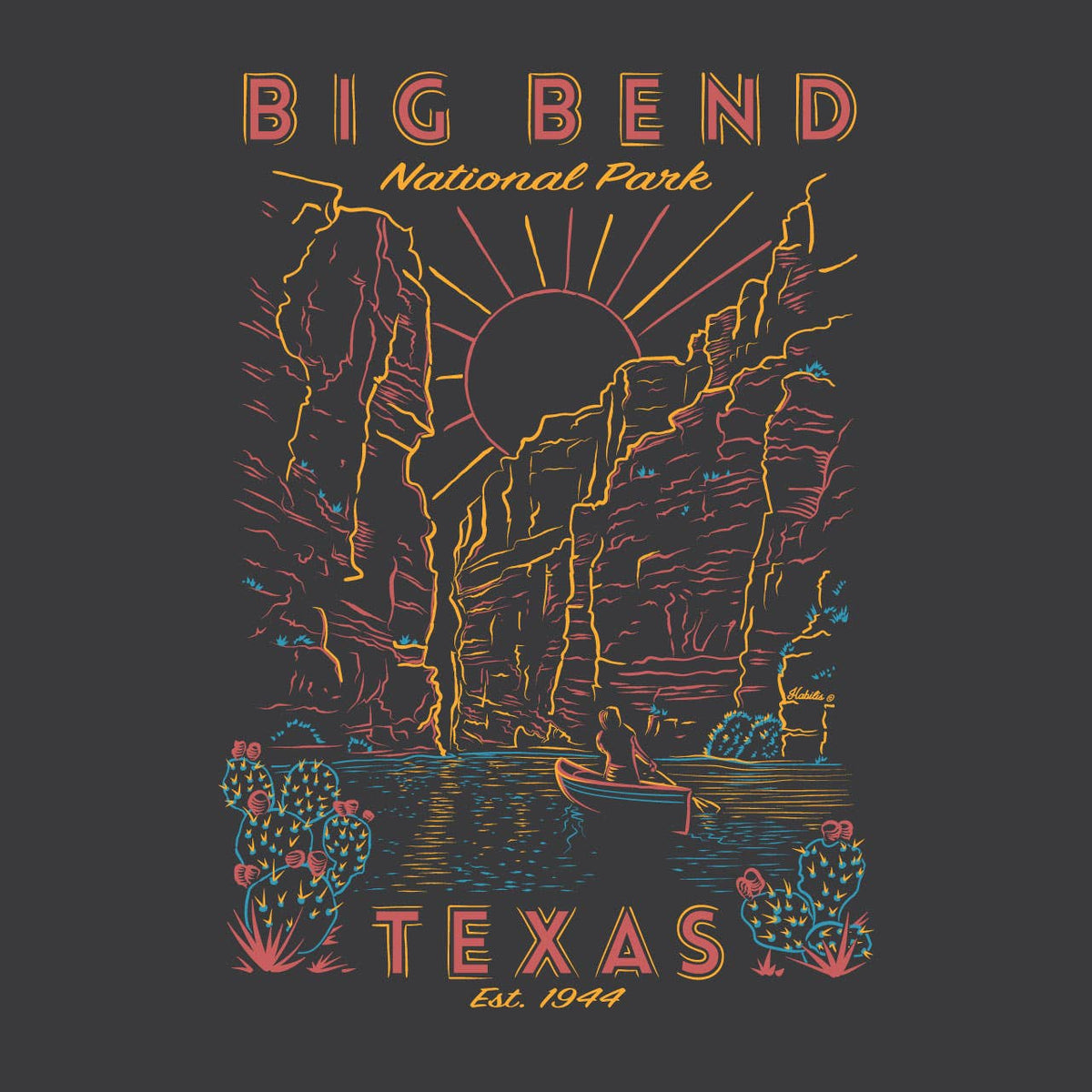 A dark gray graphic print featuring a stylized desert canyon scene with tall rock cliffs, a sun, cacti, and a small boat on water. Text at the top reads “BIG BEND National Park” and text at the bottom reads “TEXAS Est.