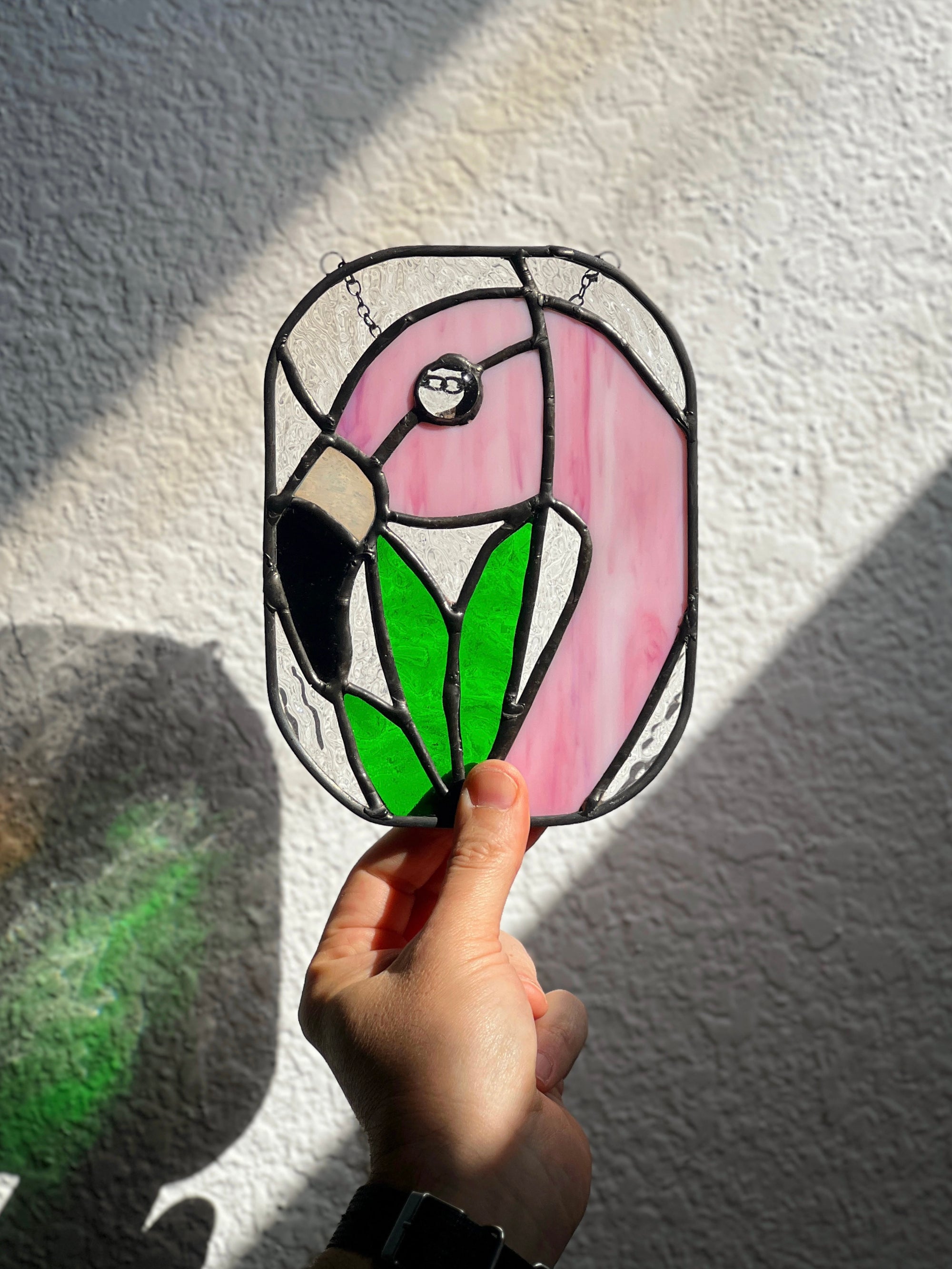 Handcrafted stained glass bird suncatcher. Flamingo, hummingbird &amp; owl designs. Unique window decor &amp; bird lover gift. Perfect for sunny windows.