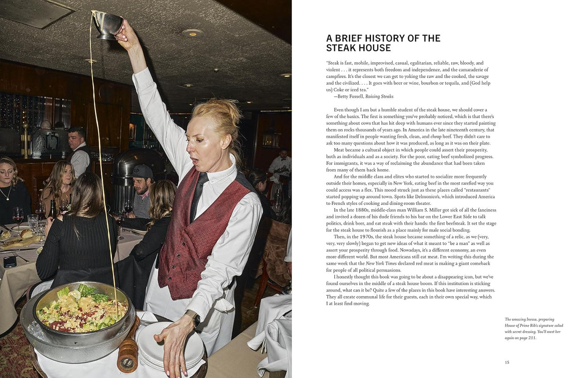 Open book spread with a server in a red vest tossing a salad tableside, beside a page titled A Brief History of the Steak House