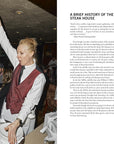 Open book spread with a server in a red vest tossing a salad tableside, beside a page titled A Brief History of the Steak House