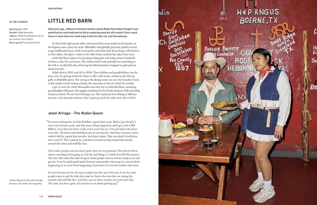Book spread on Little Red Barn in San Antonio, with two people in western wear posing in a red dining room