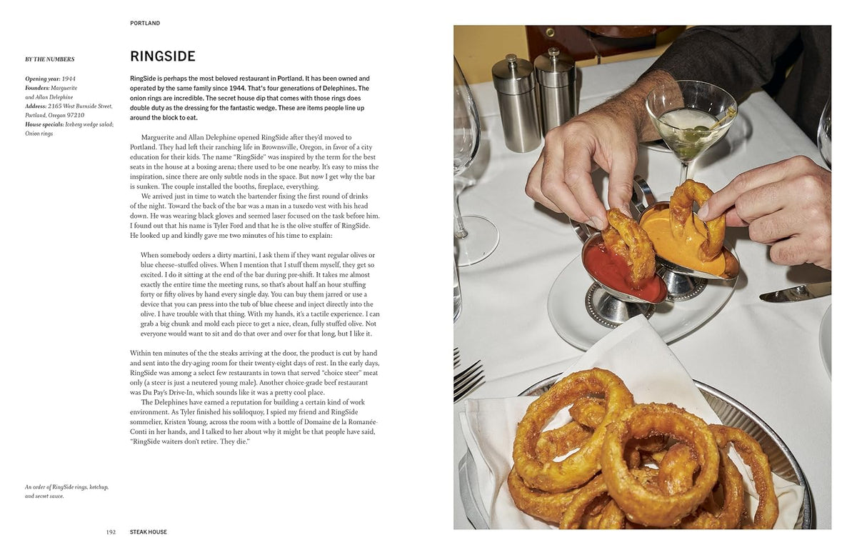 Book spread on RingSide in Portland, with hands dipping onion rings into sauce beside a martini