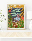 Embark on a western daydream with Elizabeth Taylor in this vibrant collage-style artwork. Crafted by Austin-based artist El Baker, this print captures the essence of Texas landscapes transformed into playful, colorful masterpieces. Elevate your living space with a touch of artistic flair, as Baker's unique approach promises to infuse your home with unexpected and lively colorways.