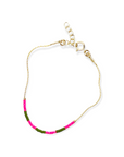 Step into a world of vibrant energy with our Kaleid Bracelet– a collection that ignites your look with captivating patterns and daring hues. This isn't just jewelry; it's an invitation to embrace your boldest self. Refined Japanese glass beads are meticulously threaded onto a 14k gold-filled chain – a match made in modern style heaven.