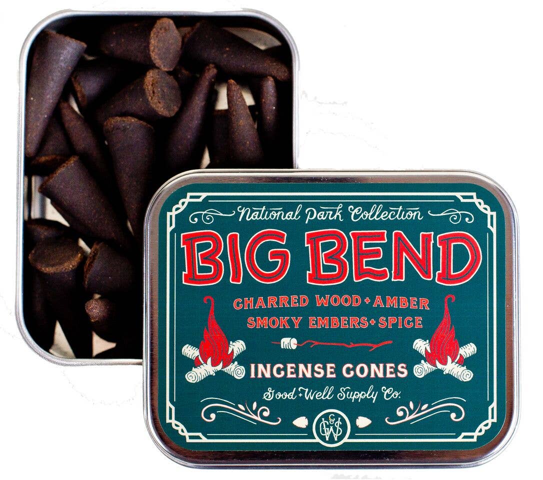 Indulge in the rich aromas of Big Bend National Park with Good &amp;amp; Well Supply Co's hand-dipped incense cones. Encased in a robust aluminum tin, these cones are thoughtfully designed, with the lid serving as a convenient burning surface. With notes of charred wood, amber, smoky embers, and spice, you'll be transported to an evening camping in Big Bend.&amp;nbsp;