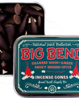 Indulge in the rich aromas of Big Bend National Park with Good &amp; Well Supply Co's hand-dipped incense cones. Encased in a robust aluminum tin, these cones are thoughtfully designed, with the lid serving as a convenient burning surface. With notes of charred wood, amber, smoky embers, and spice, you'll be transported to an evening camping in Big Bend.&nbsp;